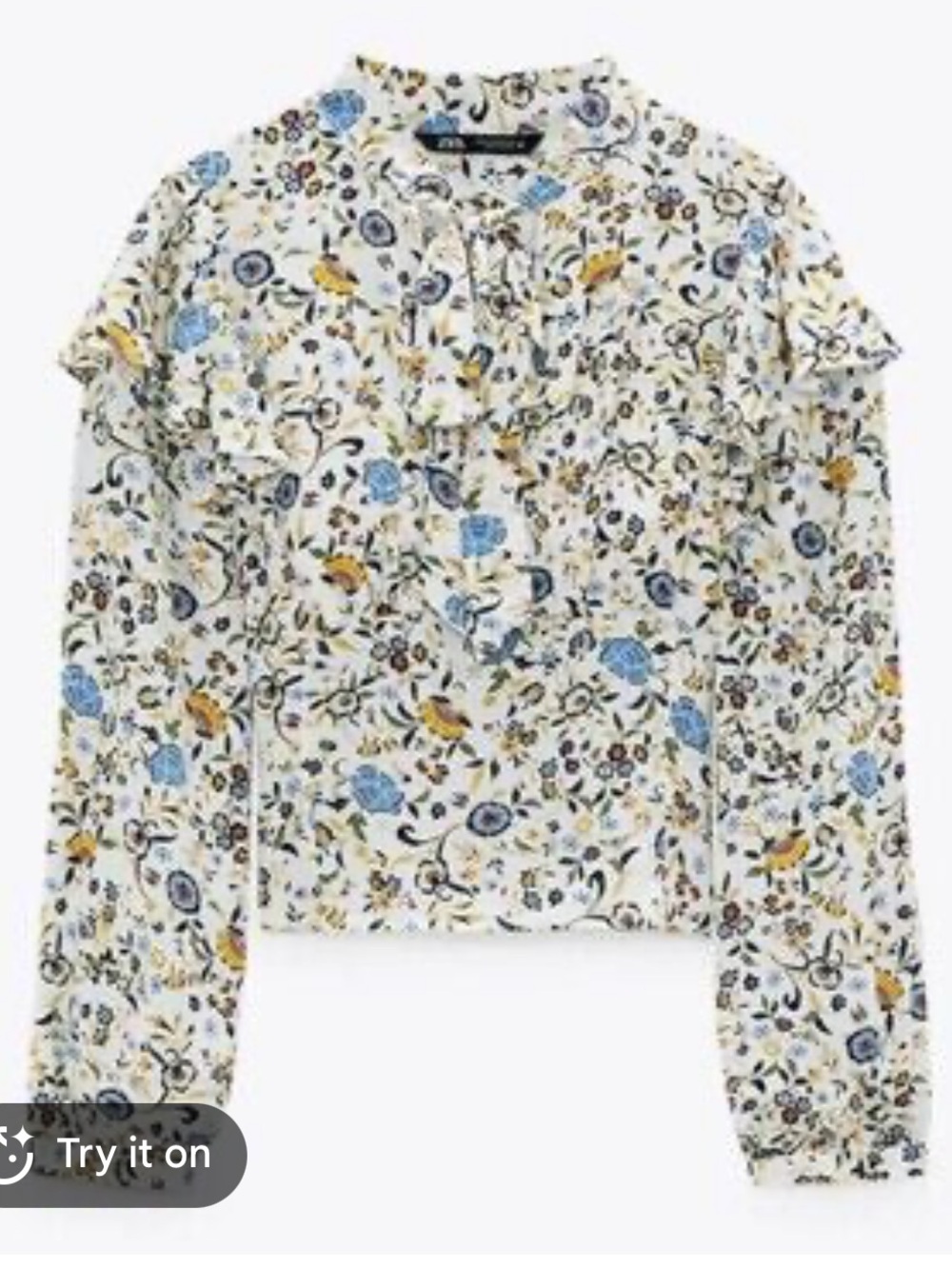 Zara Floral Satin Blouse in Cream, Blue & Gold